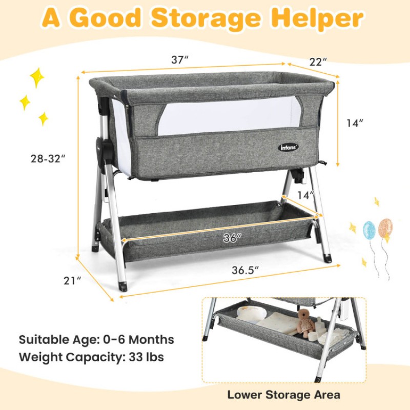 Adjustable Baby Bedside Crib with Large Storage SteAnny Baby Shop